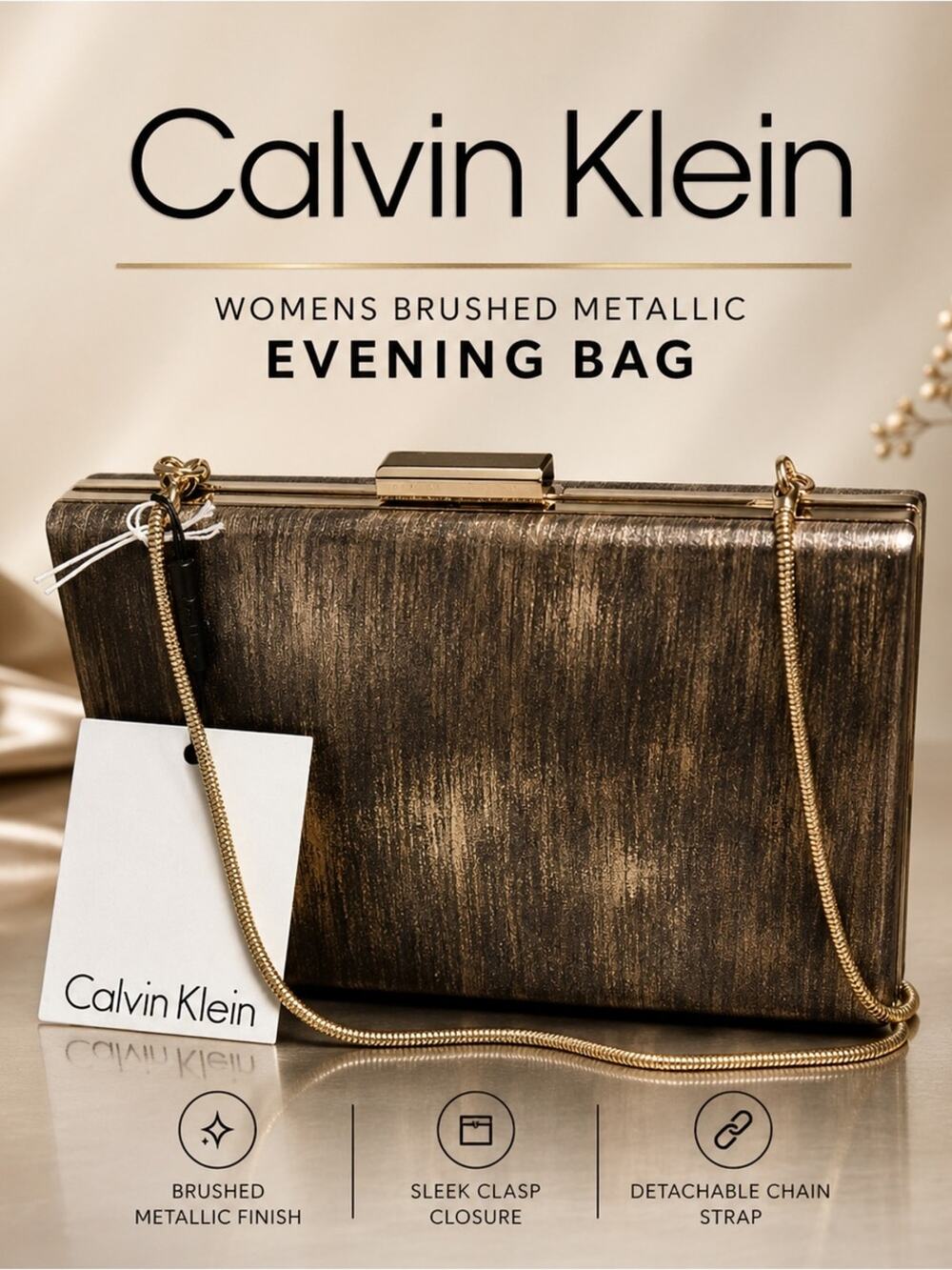 Calvin Klein Brushed Metallic Evening Clutch Bag Gold Bronze Chain Strap NWT